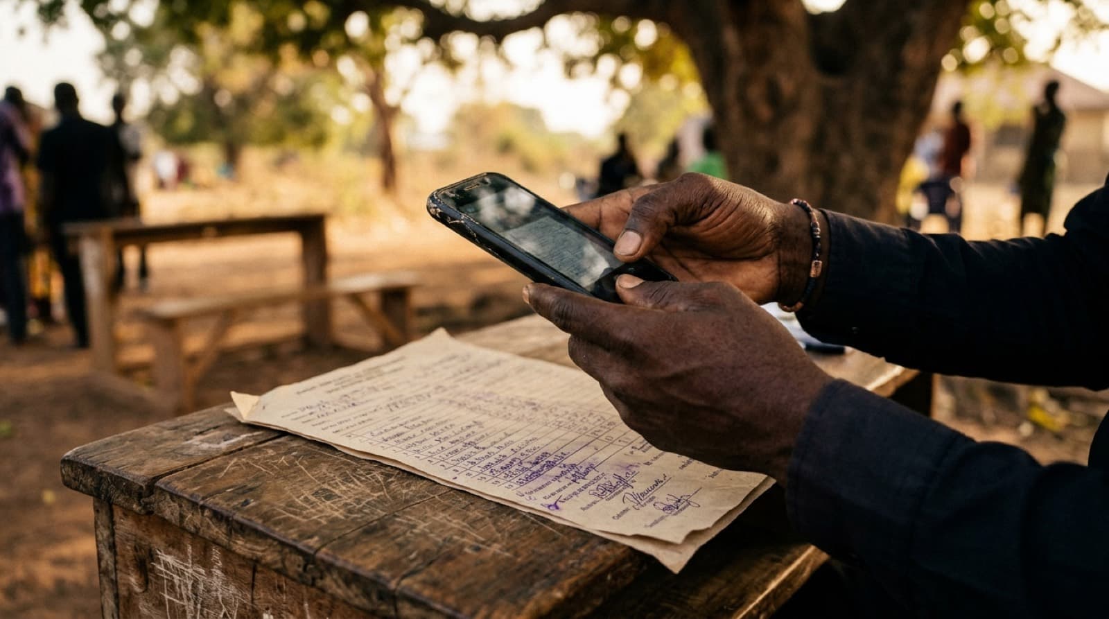 A polling agent photographs a signed result sheet on a wooden desk at an outdoor polling unit